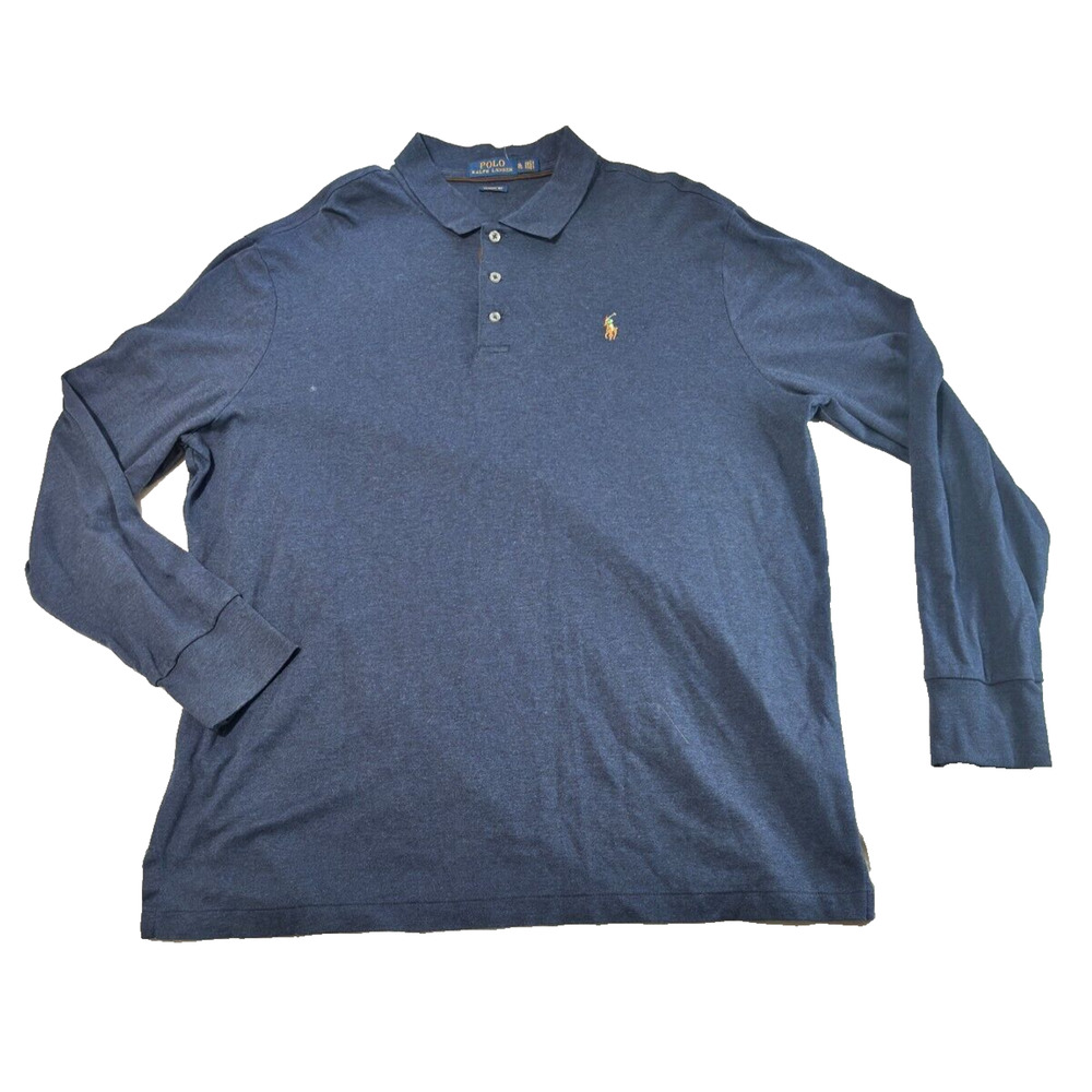 Ralph Lauren Polo Shirt Men's Size XL Long Sleeve Brown Accent Blue Flesh Pony